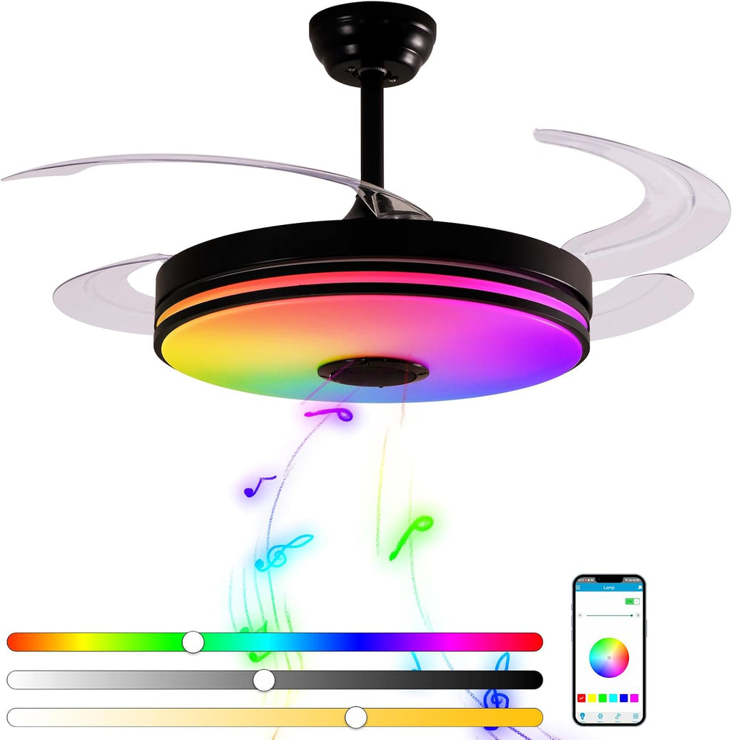 48 Inch Retractable Ceiling Fans with Lights, RGB Ceiling Fan with Remote Control,Speaker, Dimmable, 6 Speed Reversible Smart Ceiling Fans for Living Room Bedroom