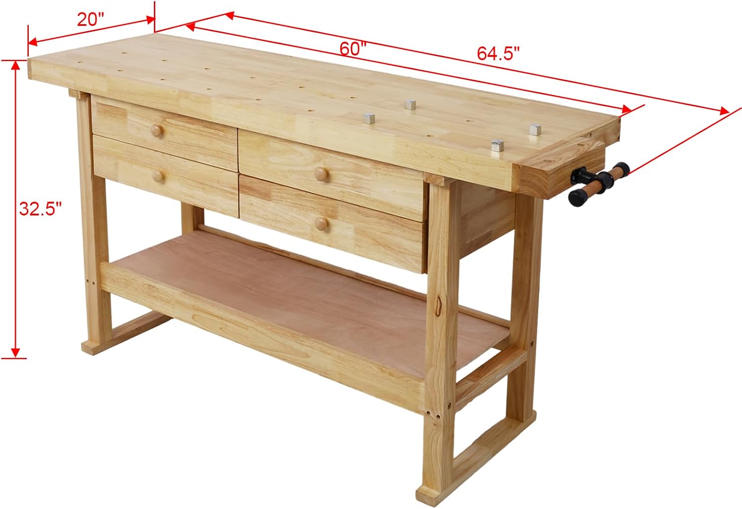 Wood Workbench, 60' Acacia Hardwood Workbench with 4 Drawer, Heavy Duty Work Bench Table, with Bar Clamps Set 2pcs 12' x 3'+ 2pcs 24' x4-3/4, for Garage, Workshop, Home Storage