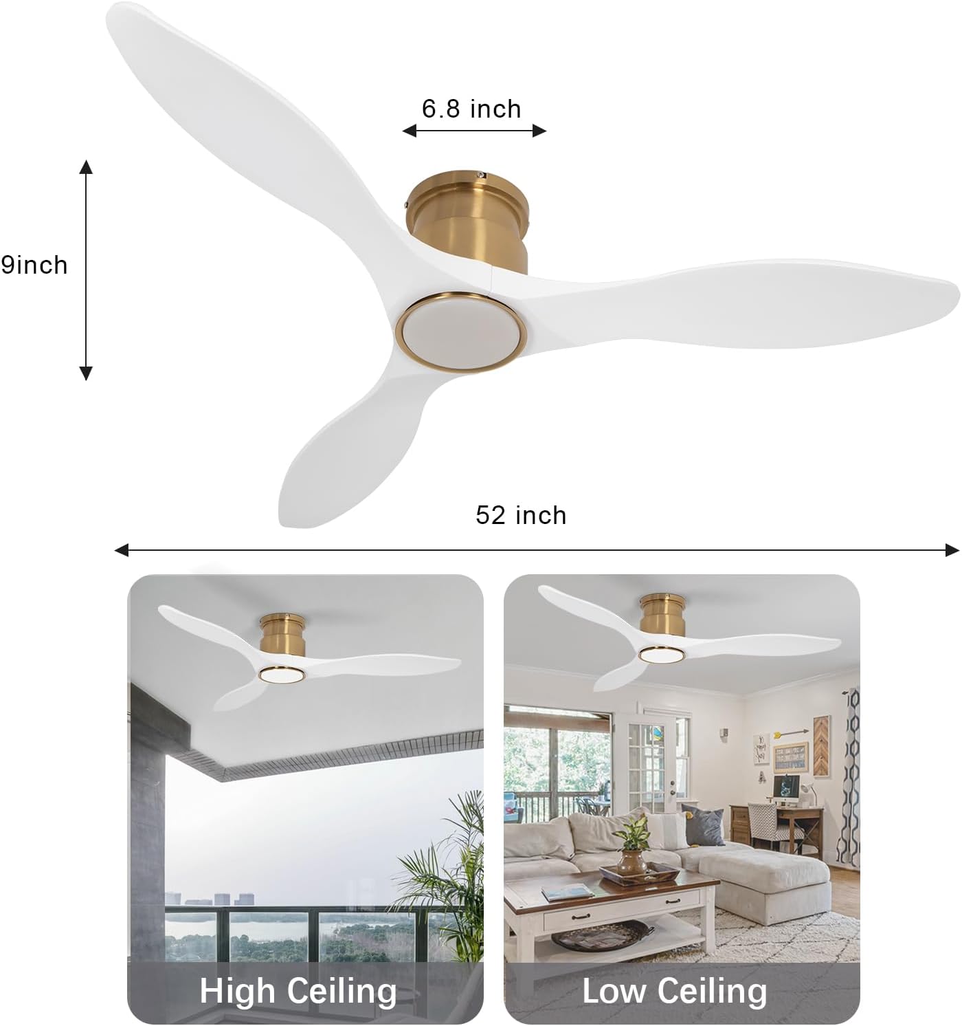 52 Inch Ceiling Fan with Lights and Remote, White Gold Low Profile Flush Mount, Modern 3 Blade Ceiling Fans Dimmable LED Light for Farmhouse Indoor Bedroom, Living Room