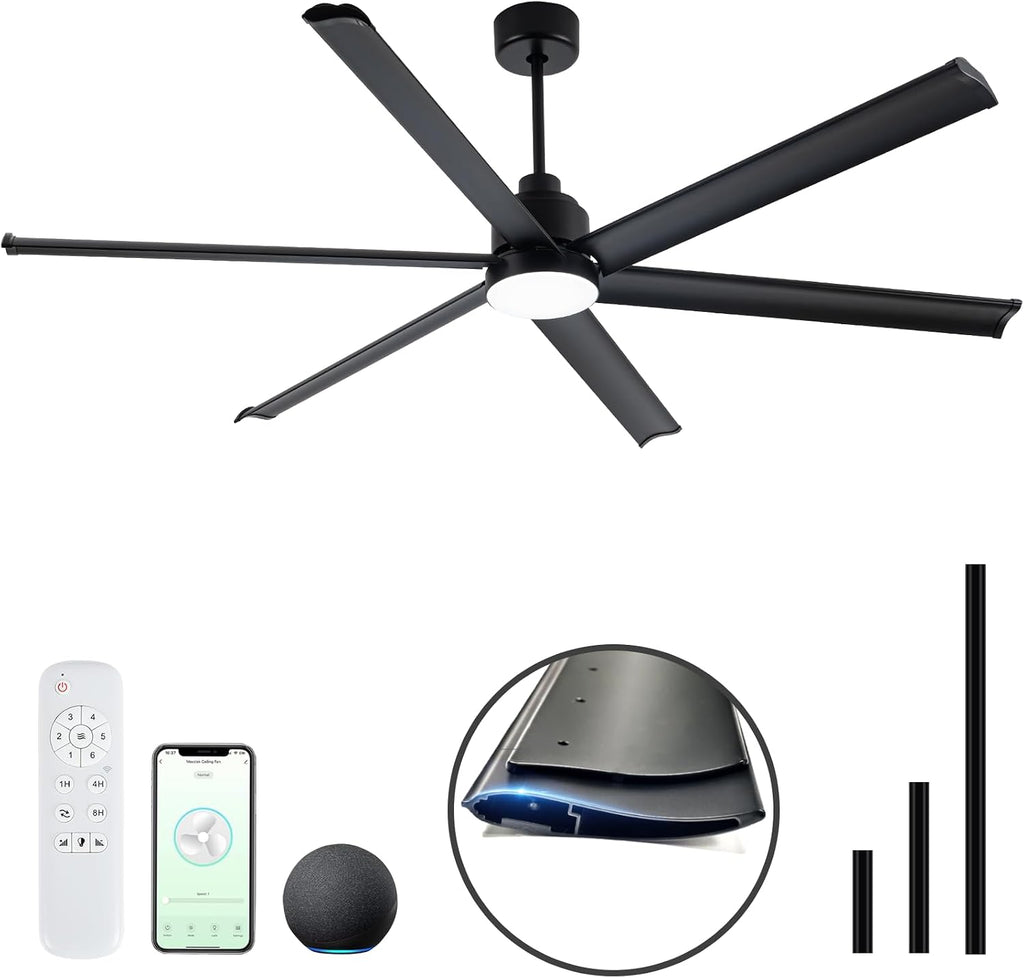Minislak 84' Smart Alexa Industrial Ceiling Fans with Light,6 Dual-Layer Aluminum Blades,Large Black Ceiling Fan with 6 Speed Noiseless DC Motor,Indoor/Outdoor Ceiling Fan for Patio