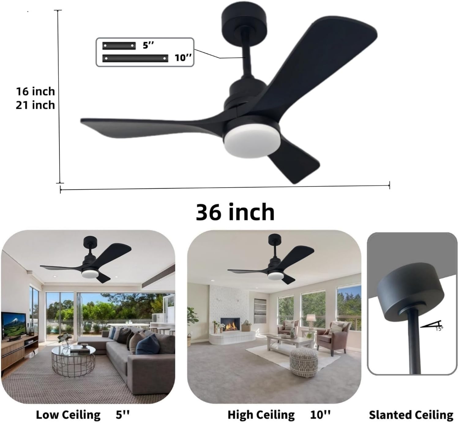 36 inch Ceiling Fan with Light and Remote Control, Reversible DC Motor, Indoor/Outdoor 3 Solid Wood Blades, Modern Ceiling Fan, Suitable for Bedrooms, Living Rooms, Patios, Black