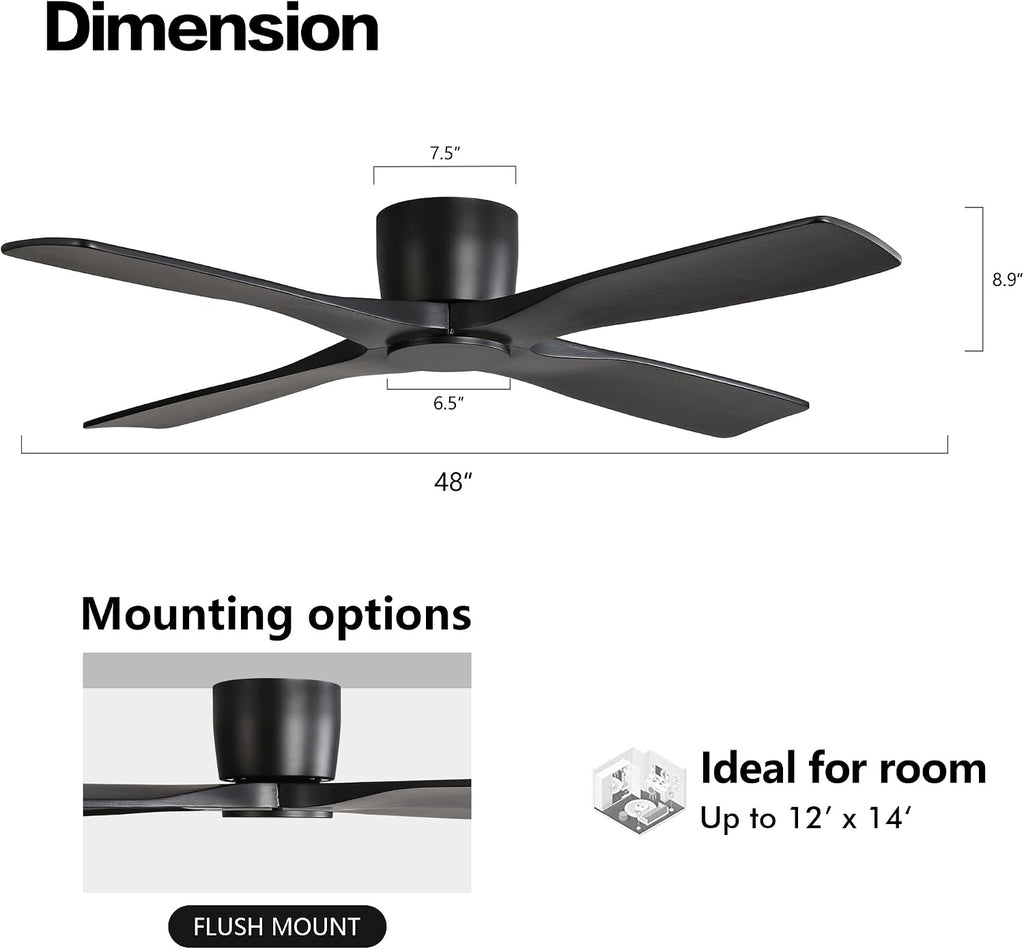 WINGBO 48 Inch Flush Mount DC Ceiling Fans without Lights, 4 Carved Solid Wood Blades, 6-Speed Reversible DC Motor, Low Profile Hugger Ceiling Fan No Lights for Indoor and Outdoor, Matte Black