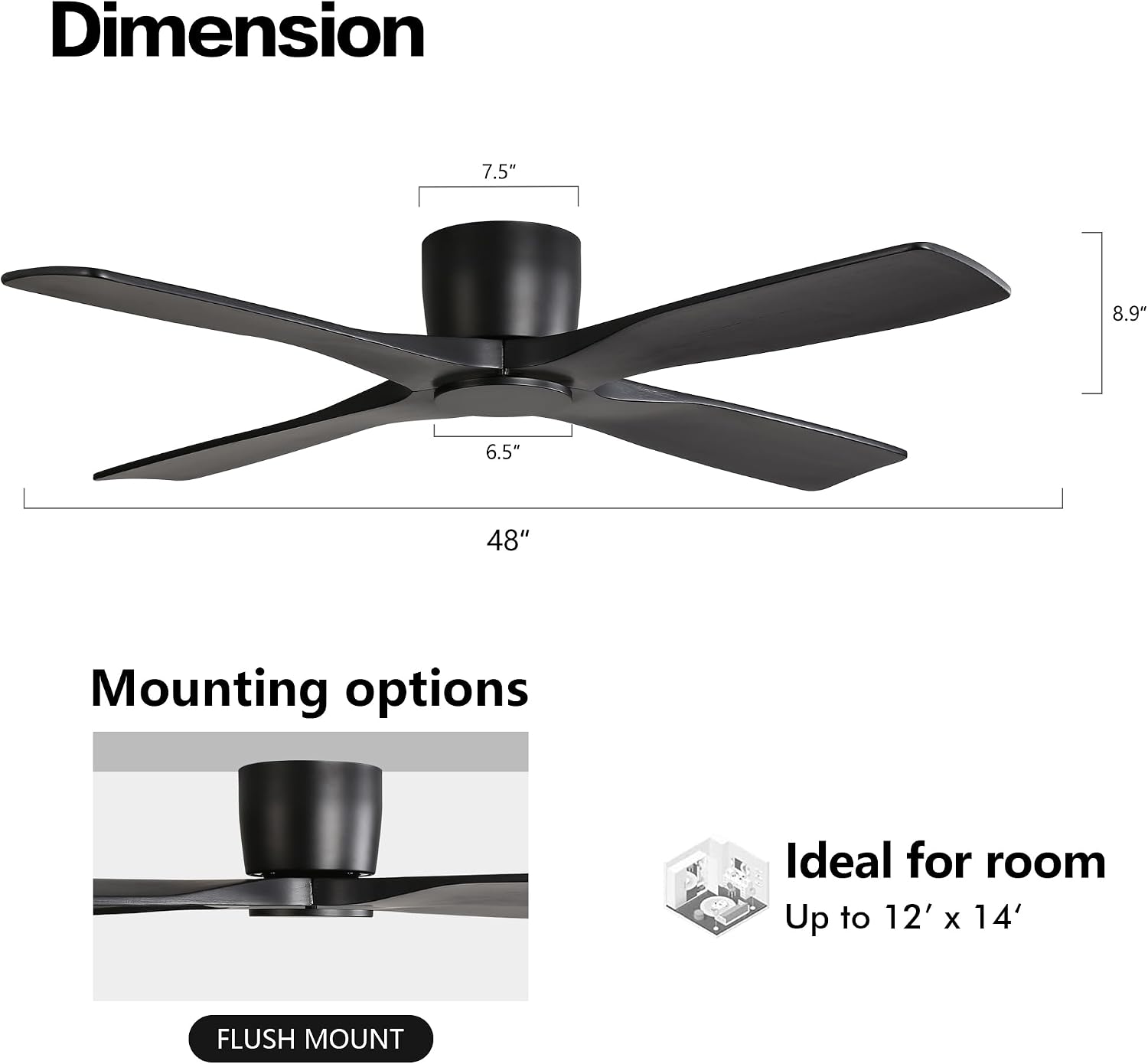 WINGBO 48 Inch Flush Mount DC Ceiling Fans without Lights, 4 Carved Solid Wood Blades, 6-Speed Reversible DC Motor, Low Profile Hugger Ceiling Fan No Lights for Indoor and Outdoor, Matte Black