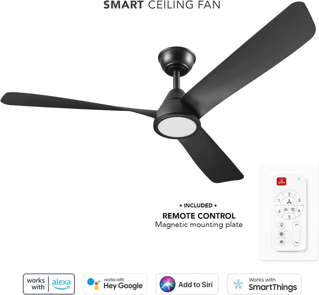 Globe Electric 37000110 52' Smart Ceiling Fan with LED Light, Remote Control, WhisperQuiet DC Motor, 6 Speeds, Matte Black