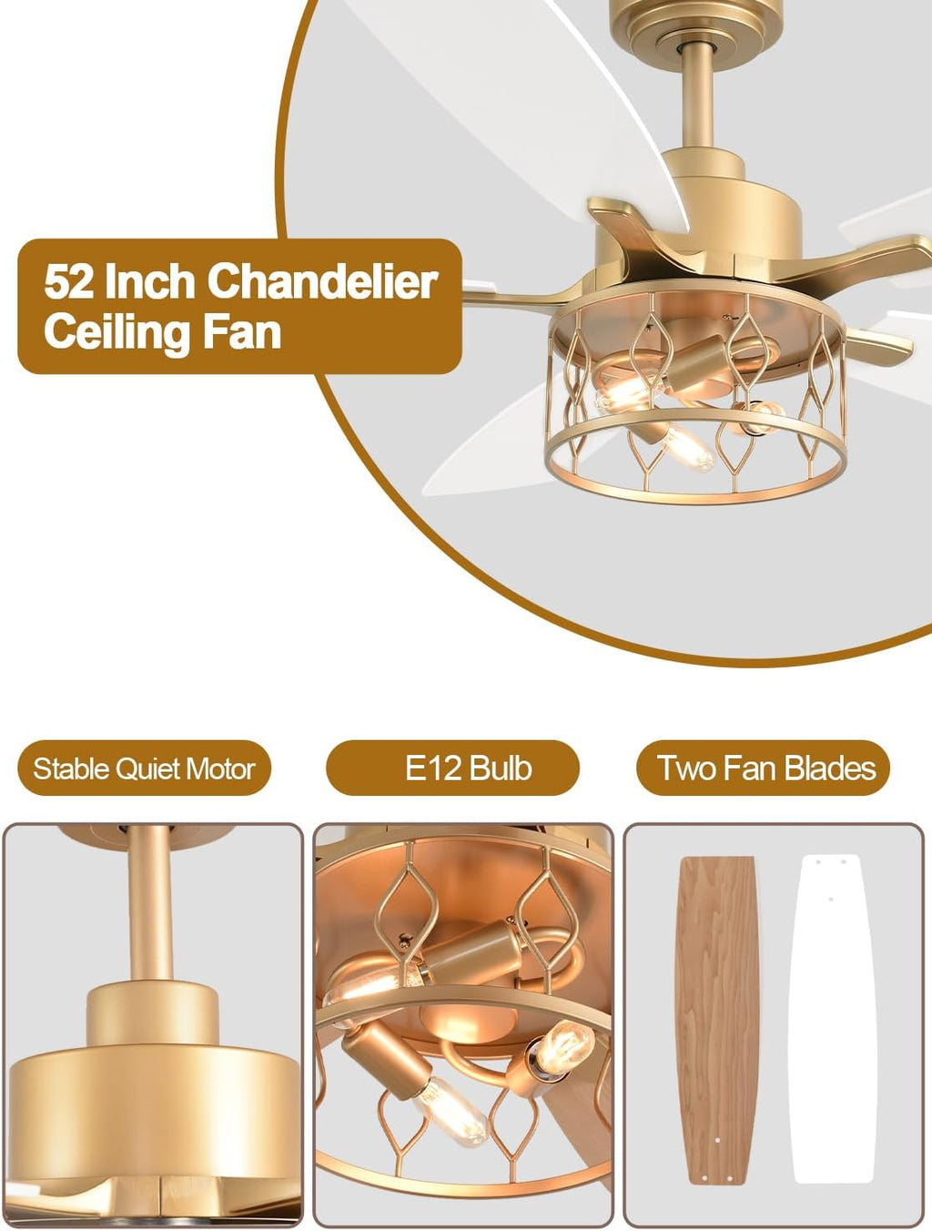 52 Inch Modern Ceiling Fan with Light White and Gold Ceiling Fan Quiet and Reversible DC Motor Chandelier Fan for Living Room Bedroom Patio