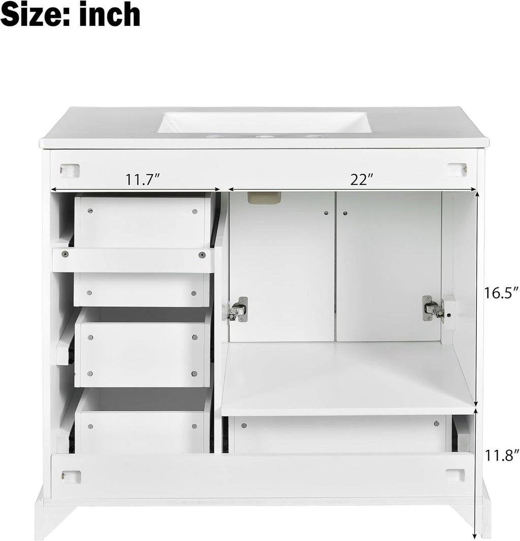 LUMISOL 36'' Bathroom Vanity with Ceramic Sink, Freestanding Vanity with Single Sink, Modern Bathroom Storage Cabinet with Soft Close Doors & Drawers for Guest Bath, Master Suite, Rental, White
