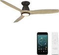 Skylark Indoor and Outdoor 3-Blade 54in Smart Flush Mount Ceiling Fan Bronze/White Oak with 2700K-3000K-4000K-5000K Selectable LED Light Kit and Remote Control works with iOS or Android App