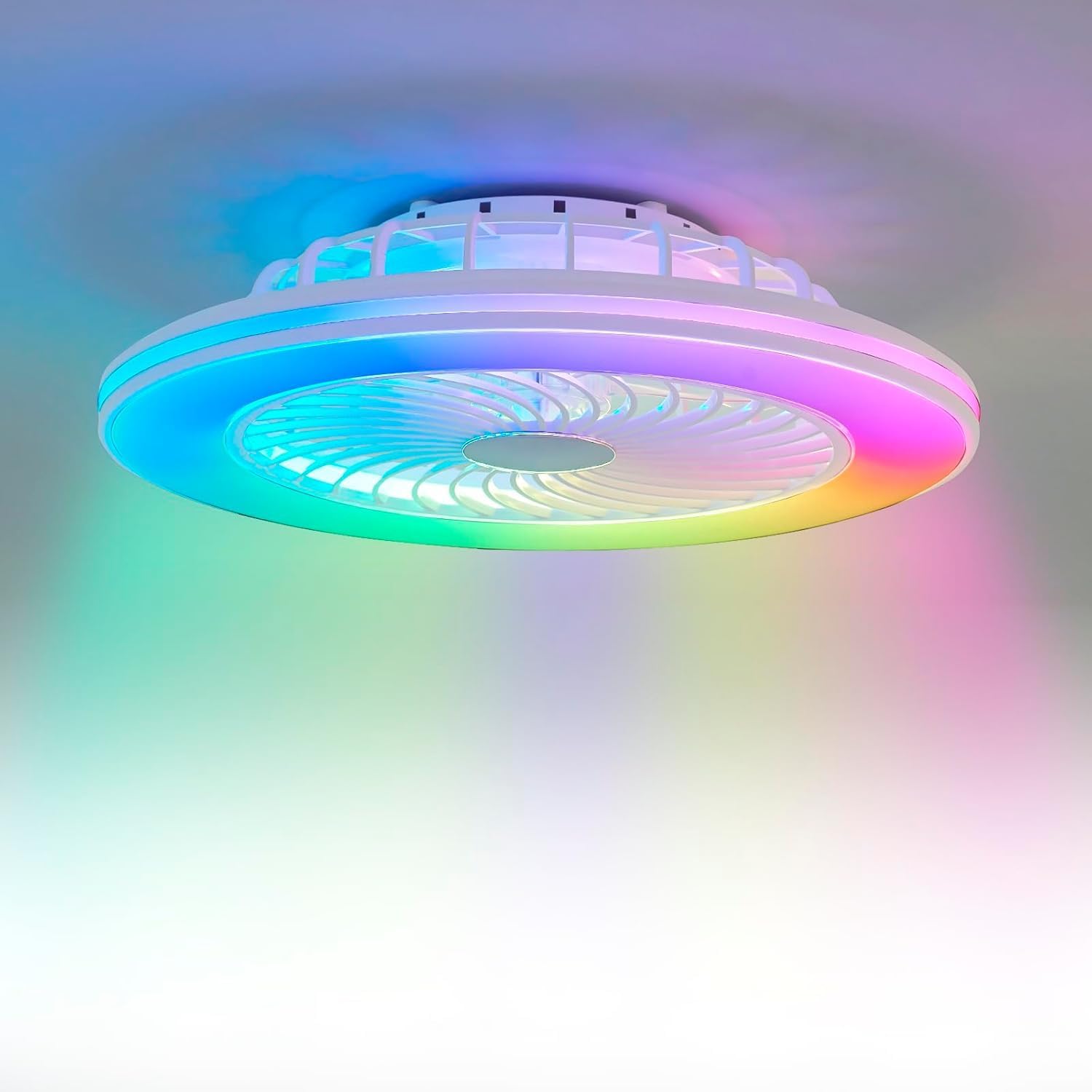 Low Profile Ceiling Fans with Lights, 24' Caged Modern Flush Mount Ceiling Fan with LED Light, Housing Finish White, RGB Main Light