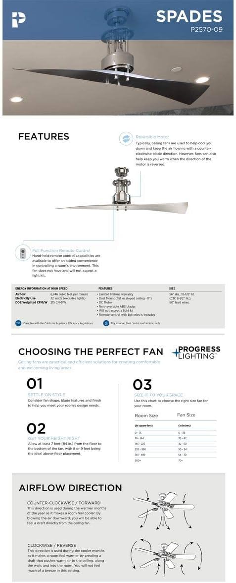 Progress Lighting P2570-09 Protruding Mount, 2 Silver Blades Ceiling fan, Brushed Nickel