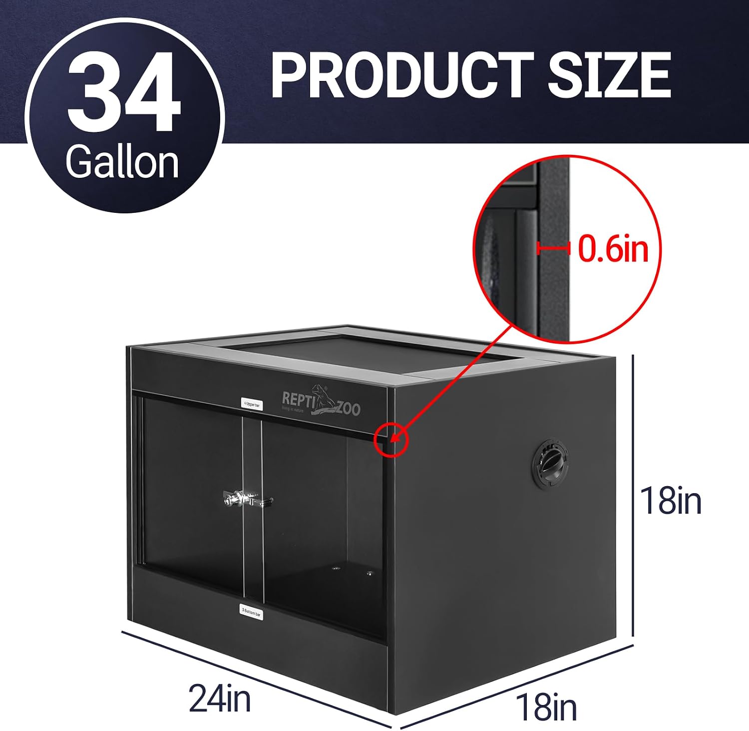 REPTI ZOO 34 Gallon PVC Reptile Terrarium, 24x18x18' Leopard Gecko Tanks with Glass Sliding Door & Top Screen Ventilation, Reptile Enclosure for Bearded Dragon Hermit Crab