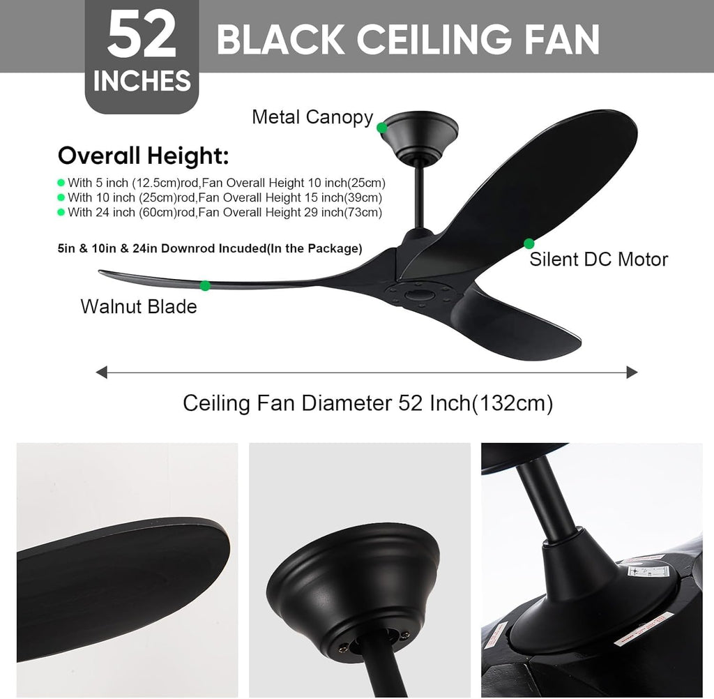 52 Inch Black Outdoor Ceiling Fans without Lights, Modern 3 Blade Wood Ceiling Fan with Remote, Indoor Outdoor Ceiling Fan for Patios Bedroom Commercial,3 Down Rods
