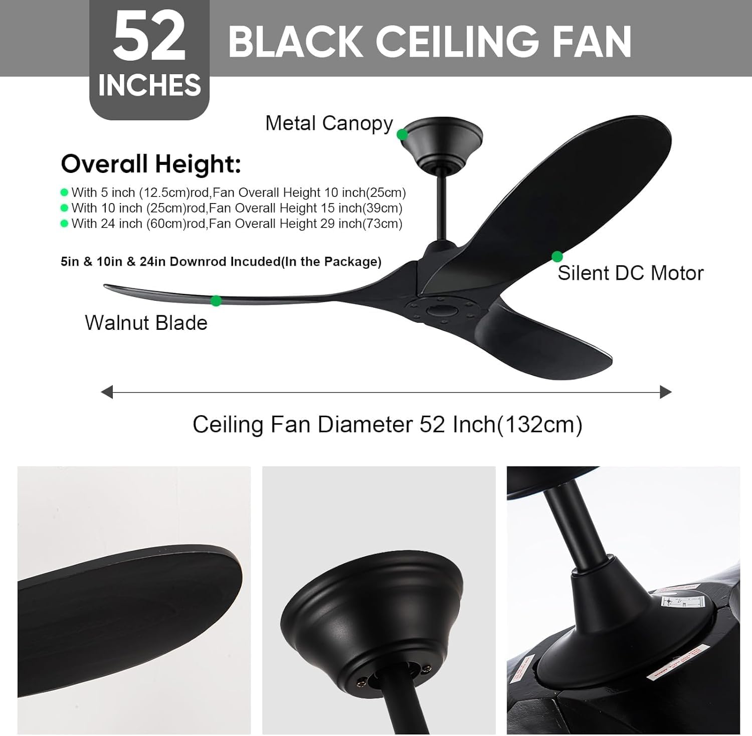 52 Inch Black Outdoor Ceiling Fans without Lights, Modern 3 Blade Wood Ceiling Fan with Remote, Indoor Outdoor Ceiling Fan for Patios Bedroom Commercial,3 Down Rods