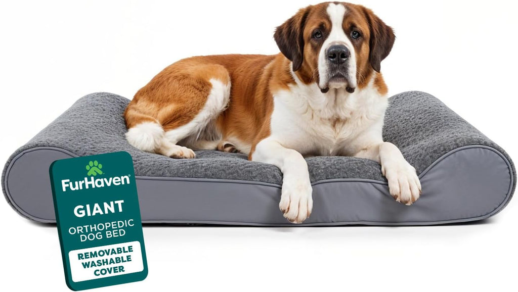 FurHaven Orthopedic Dog Bed for Large Dogs, Luxe Lounger Contour Mattress with Solid Orthopedic Foam Slab for Joint Support, Removable Washable Cover, Giant XXXL, Plush Suede, Gray
