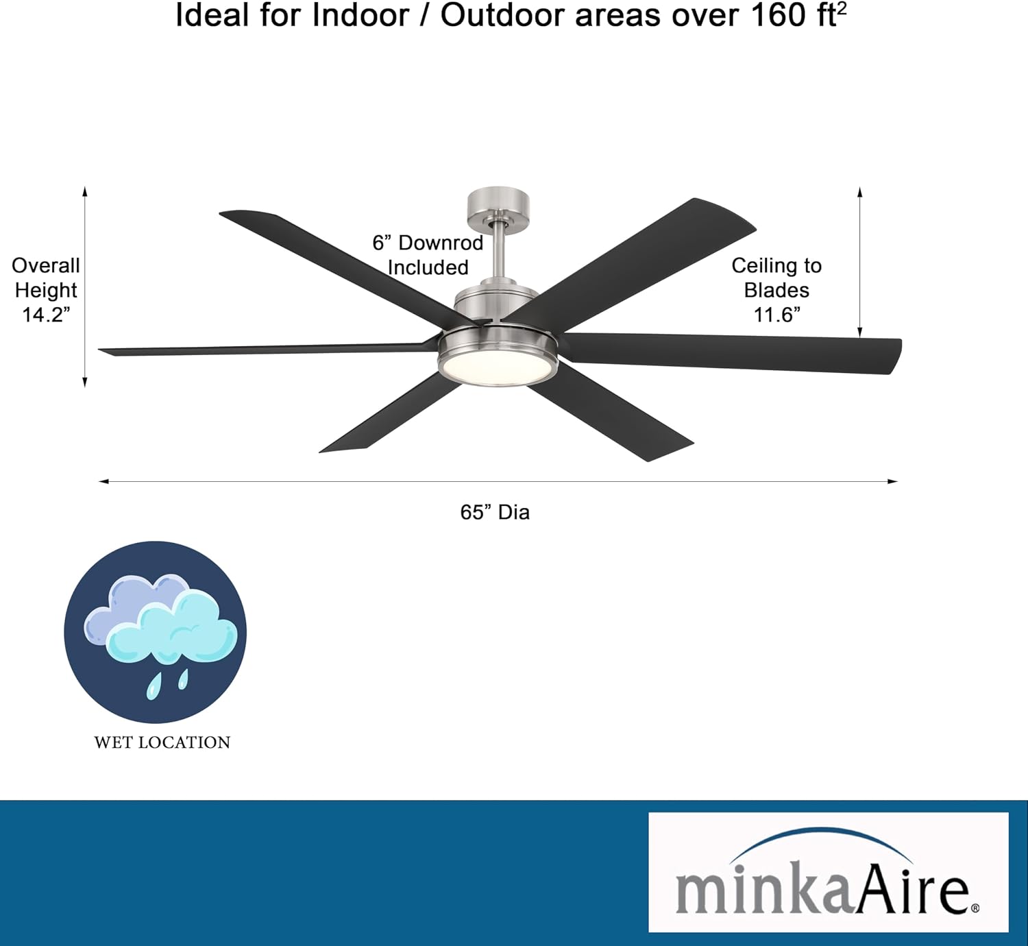 MINKA-AIRE F897L-BNW/CL Cairo 65' 6-Blade LED Smart Indoor/Outdoor Ceiling Fan - Brushed Nickel Wet and Coal Finish Blades with Matte Lens