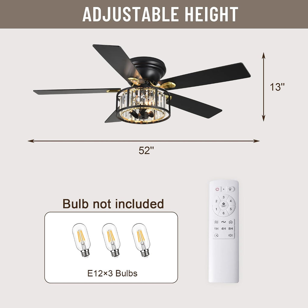 52' Crystal Farmhouse Ceiling Fan with Lights and Remote,Flush Mount Ceiling Fan,Chandelier with 5 Reversible Blades,3 E12 Base Lights,Quiet Motor for Living Room,Dining Room,Bedroom