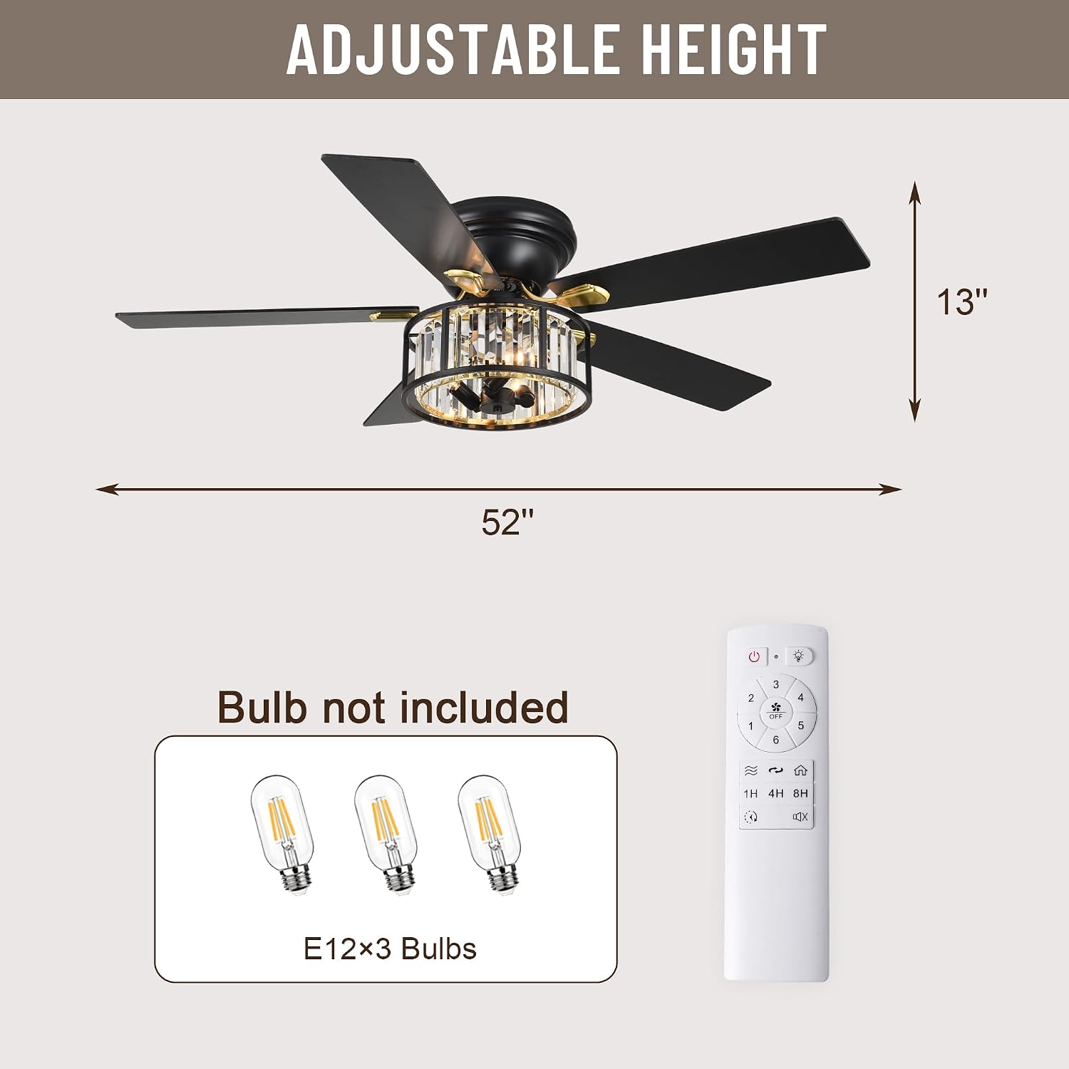 52' Crystal Farmhouse Ceiling Fan with Lights and Remote,Flush Mount Ceiling Fan,Chandelier with 5 Reversible Blades,3 E12 Base Lights,Quiet Motor for Living Room,Dining Room,Bedroom