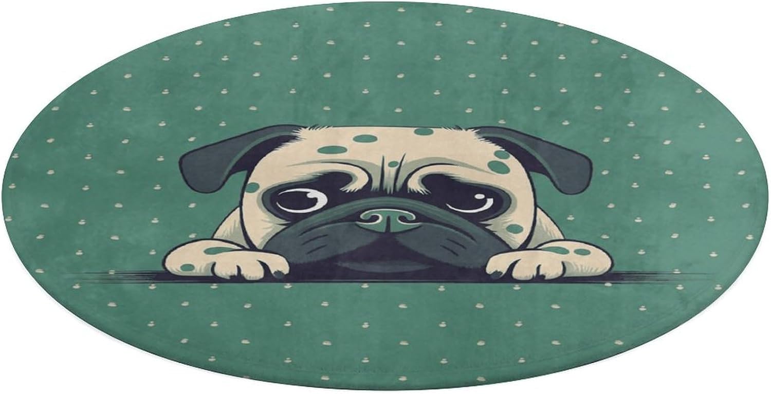 Pug Green Polka Dot Coral Velvet Round Floor Mat Non-Slip Bath Rug Floor Covering for Bathroom Vanity Guest Suite & Vacation Home