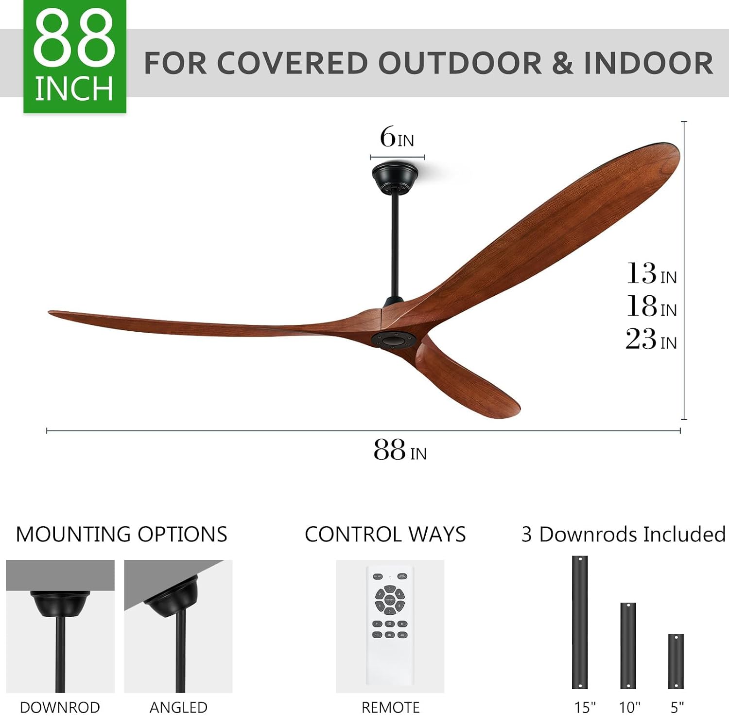 Eliora 88' Ceiling Fans Without Lights, Wood Ceiling Fan no Light with Remote, Large Outdoor Ceiling Fan for Patio, Porch, Bedroom, 6 Speed, Quiet DC Motor, ETL Listed-Dark Walnut