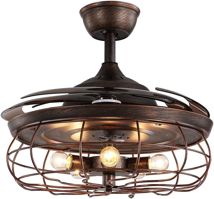 48 Inches Retractable Caged Ceiling Fan with Lights, Reverse Industrial Rusty Fandelier Fan Chandelier with Remote Control for Living Room Dining Room Bedroom - 5 Lights