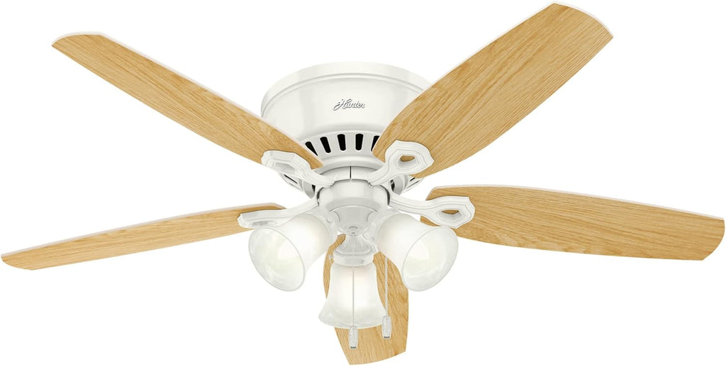 Hunter 52 inch Indoor Ceiling Fan with LED Lights - White Ceiling Fan with Pull Chain, For Bedroom, Living Room, or Kitchen, Low Profile Flush Mount, No Remote, 5 Blades - Builder 53326, Snow White