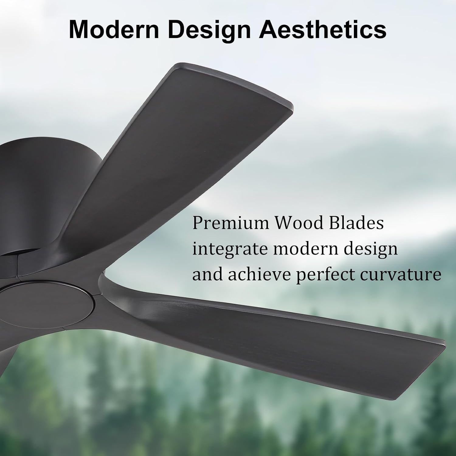 WINGBO 48 Inch Ceiling Fan Without Light,Solid Wood Flush Mount Ceiling Fan with Remote Control, Reversible DC Motor, 4 Blades, 6-Speed Quiet Performance, for Bedroom & Living Room, Black