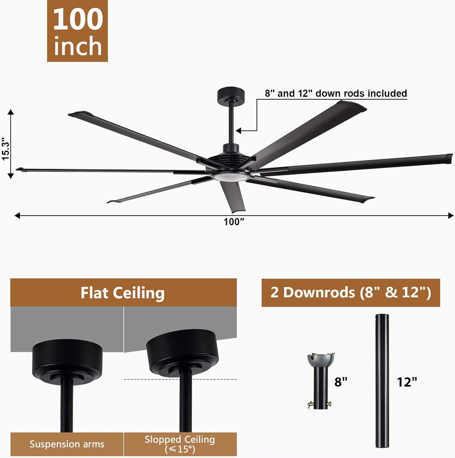 100' Large Commercial Ceiling Fan Lights & Remote - Damp-Rated Outdoor Ceiling Fans for Patios, Modern Industrial Design, 6-Speed, Dimmable LED, Use for House, Shop, Garage,High-Traffic Areas