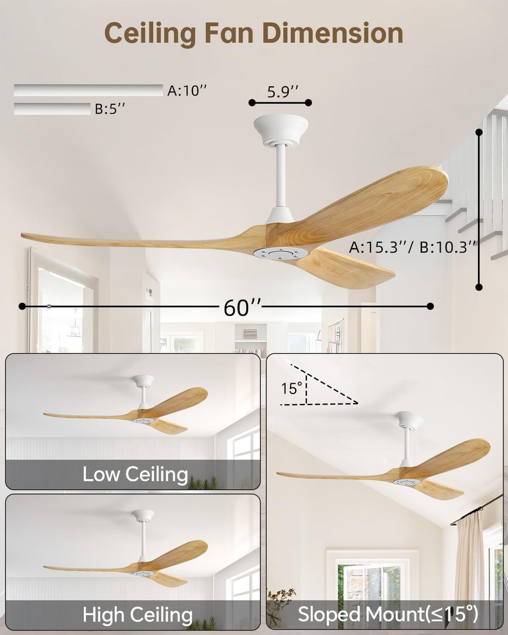 Sofucor 60 Inch Smart Ceiling Fans No Lights-Outdoor Modern Smart Ceiling Fan with Alexa/Google/APP/Remote Control, Reversible Quiet DC Motor, Wood Blades Ceiling Fan for Living Room/Bedroom/Patios