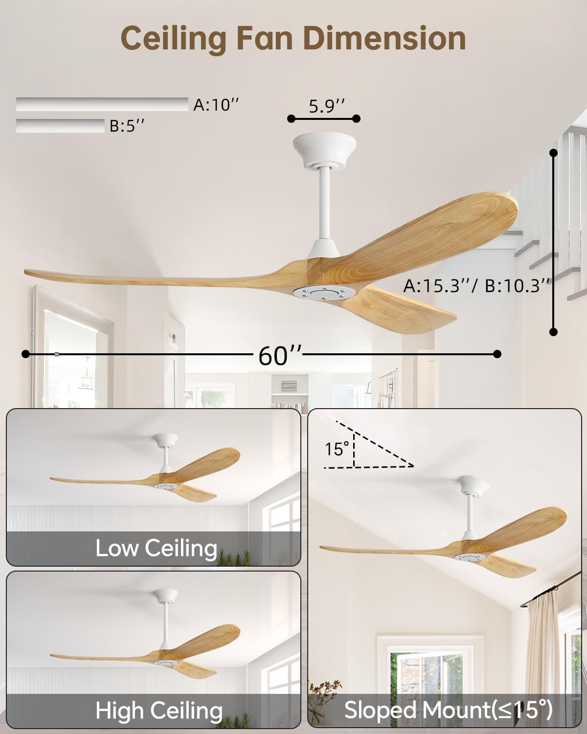 Sofucor 60 Inch Smart Ceiling Fans No Lights-Outdoor Modern Smart Ceiling Fan with Alexa/Google/APP/Remote Control, Reversible Quiet DC Motor, Wood Blades Ceiling Fan for Living Room/Bedroom/Patios