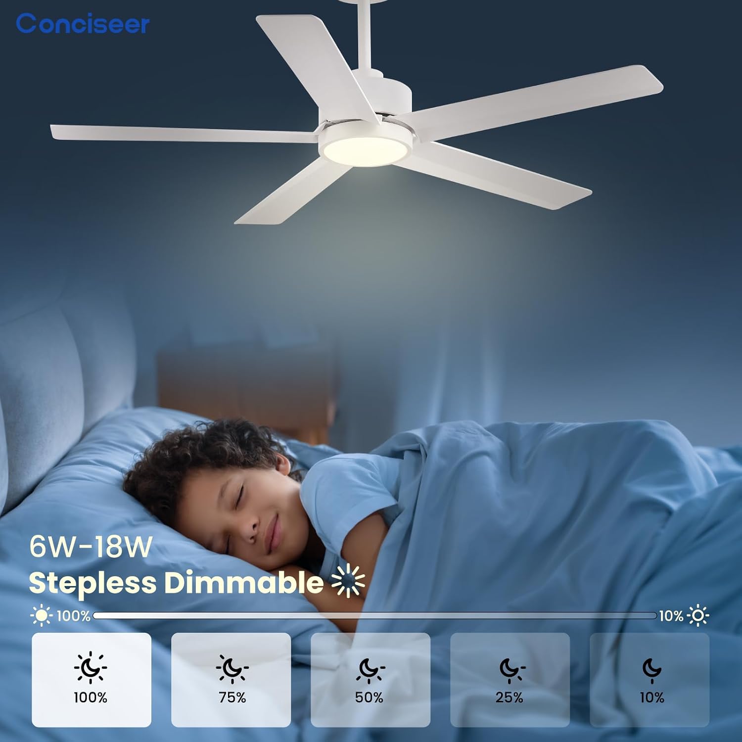 Conciseer Modern Ceiling Fans with Lights,52 Inch Ceiling Fans with Remote for Bedroom Living Room Kitchen, 18W 3CCT Dimmable，5 Blades 6 Speed Reversible Quiet DC Motor White