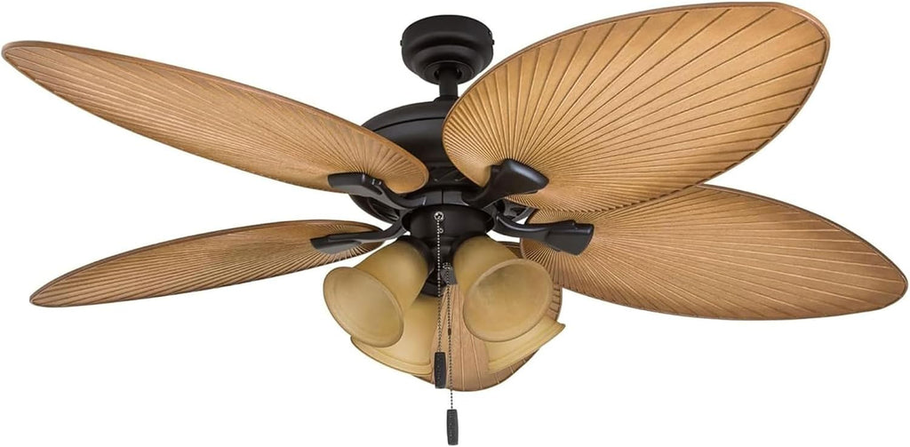 Honeywell Ceiling Fans Palm Valley, 52 Inch Tropical Indoor Outdoor Ceiling Fan with Light, Pull Chain, Three Mounting Options, 5 Palm Leaf Blades, Reversible Motor - 50506-01 (Bronze)