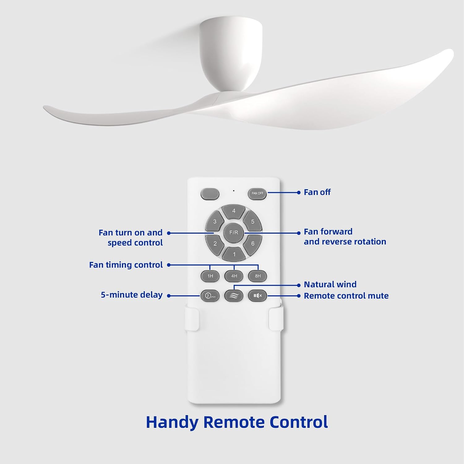 52' White 2 Blades Flush Mount Ceiling Fan with Remote, No Light | Modern Low-Profile, Heat Resistant ABS Blades, 6-Speed Reversible Quiet DC Motor for Balcony, Living Room, Bedroom