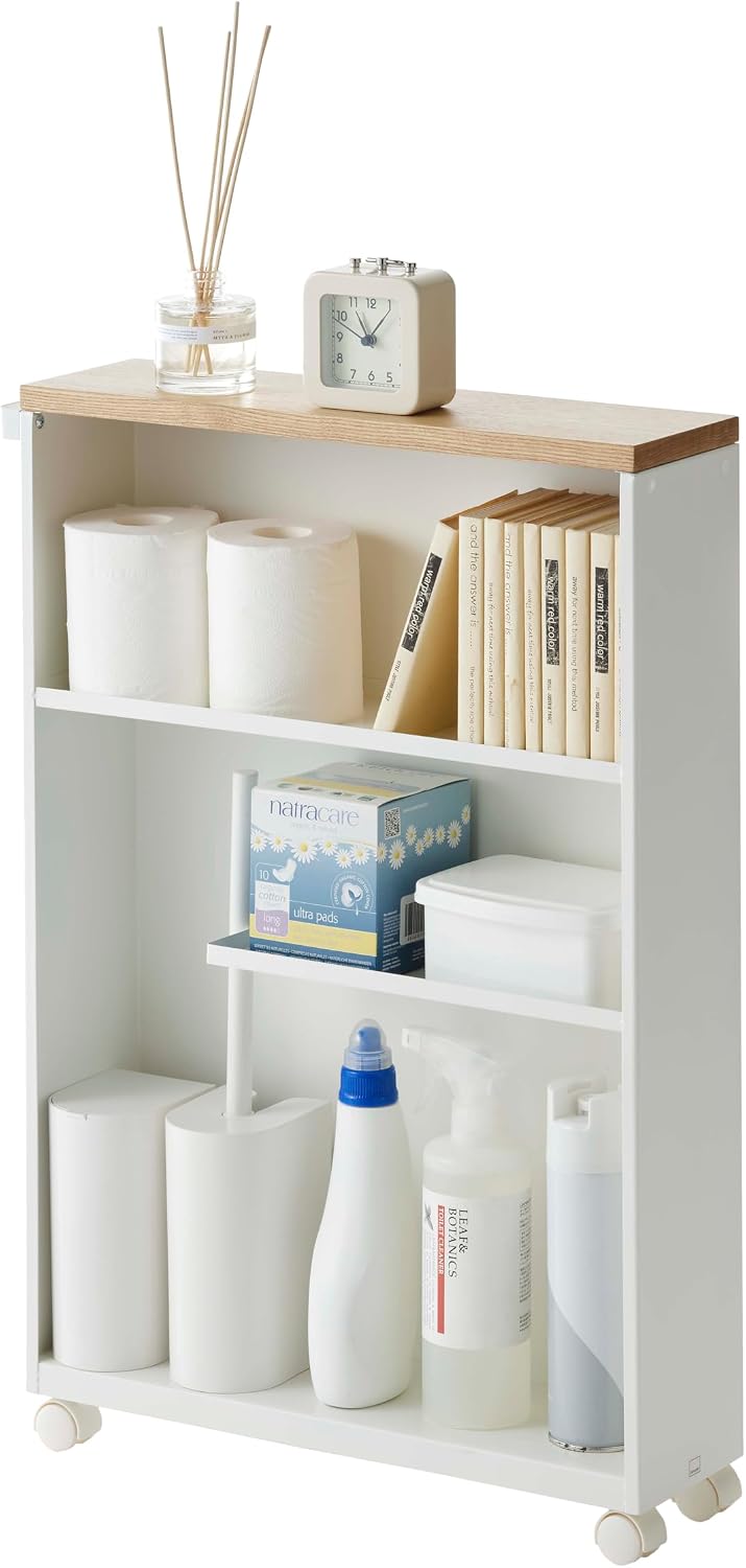 Yamazaki Home Slim Rolling Storage Cart – Narrow Bathroom Storage Cabinet With Handle, Slim Bathroom Storage Cart With Wheels, Easy Assembly, Steel + Wood, White, 27' - Steel -