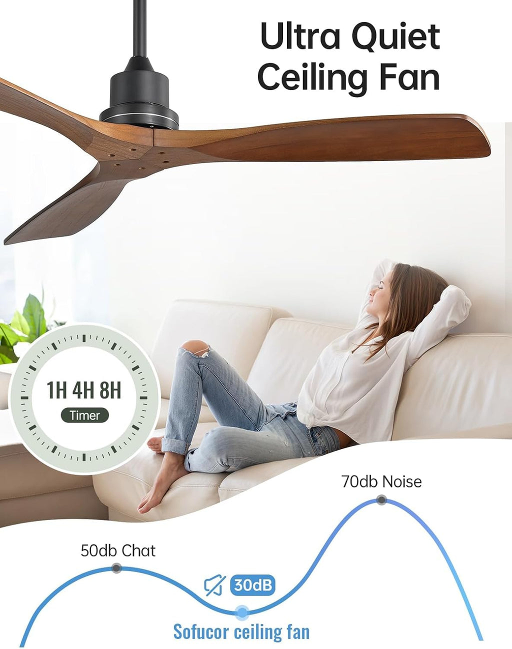 Sofucor 52 Inch Smart Ceiling Fans without Light-Modern Solid Wood Outdoor 3 Blades Ceiling Fan No Light, Alexa/Google Assistant/APP/Remote Control for Bedroom Living Room Farmhouse Patio,Walnut Black