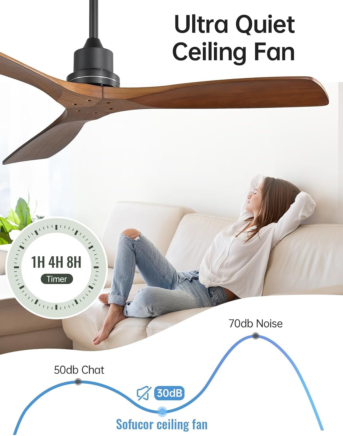 Sofucor 52 Inch Smart Ceiling Fans without Light-Modern Solid Wood Outdoor 3 Blades Ceiling Fan No Light, Alexa/Google Assistant/APP/Remote Control for Bedroom Living Room Farmhouse Patio,Walnut Black