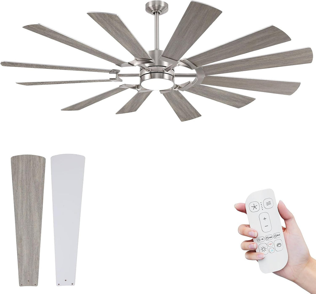 72' Outdoor Ceiling Fan with Light Remote, 12 Blade Large Modern Industrial Ceiling Fan with Dimmable Light High CFM Quiet Energy Efficient DC Motor, for Indoor Exterior Home Commercial, Silver+Oak