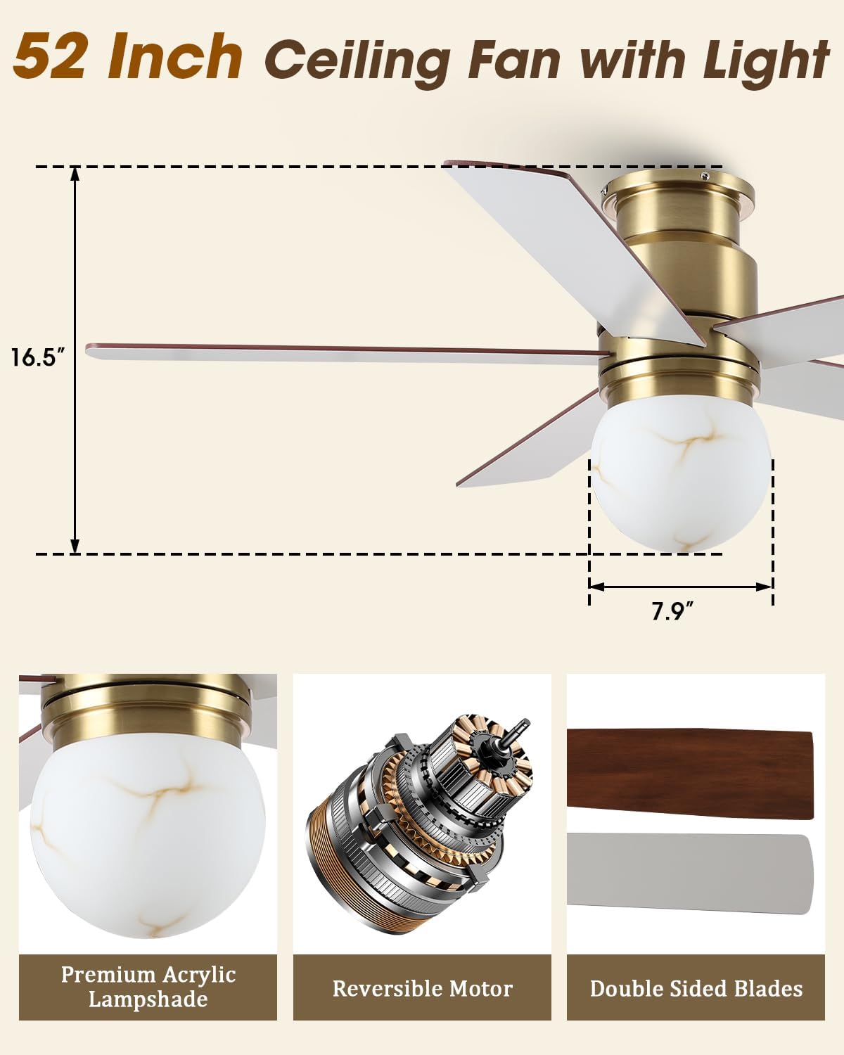 Parrot Uncle Flush Mount Ceiling Fan with Lights, 52 Inch Gold Ceiling Fan with Remote for Bedroom Living Room Kitchen, 6 Speeds, 3 CCT LED Light,Timing and Memory Function, 5 Blades