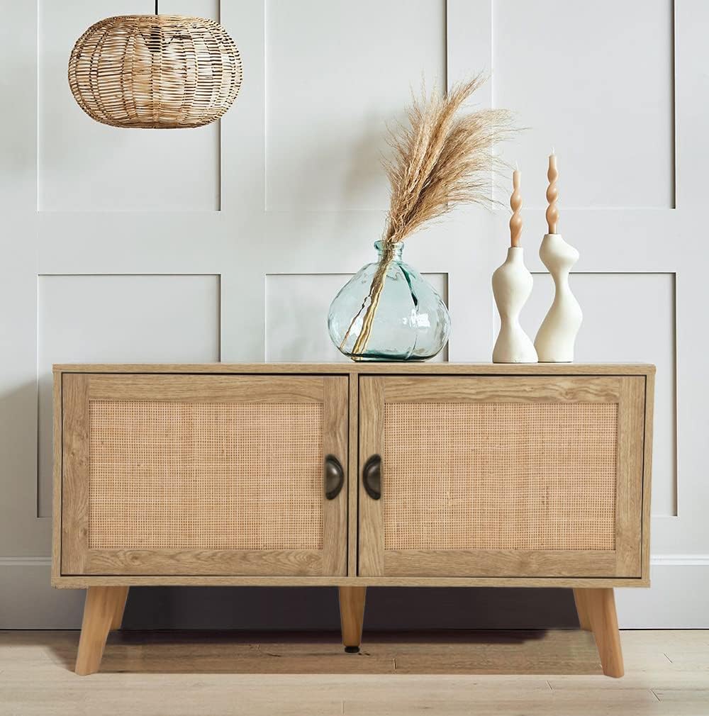 PHI VILLA Rattan Cabinet - TV Stand/Storage Cabinet with Doors, Console Table