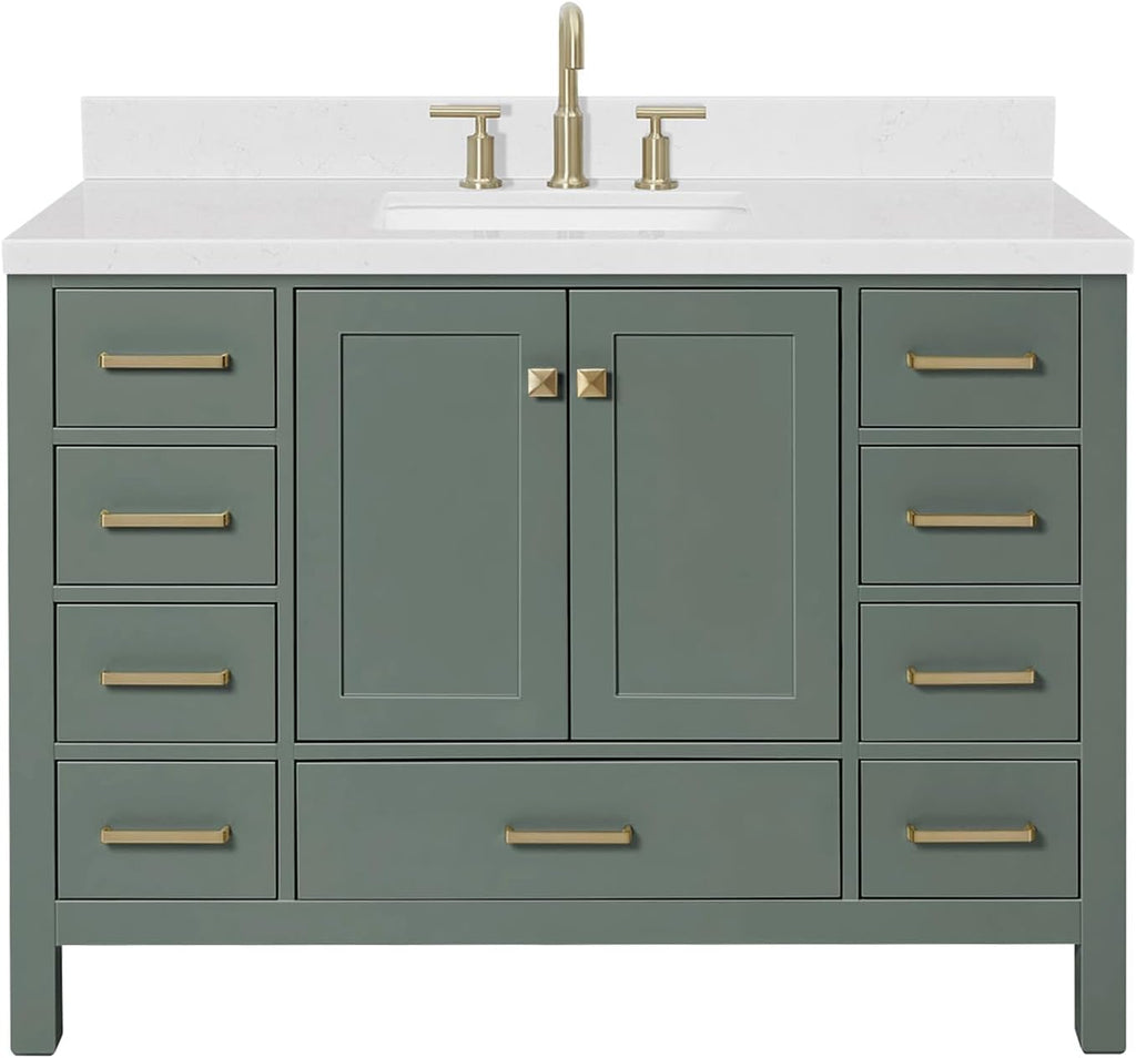 ARIEL Cambridge 48-inch Bathroom Vanity with Sink,Solid Wood, 1.5-inch Carrara White Quartz Countertop, Single Rectangular Porcelain Sink, 2 Soft Closing Doors, 9 Dovetail Drawers, Vintage Green