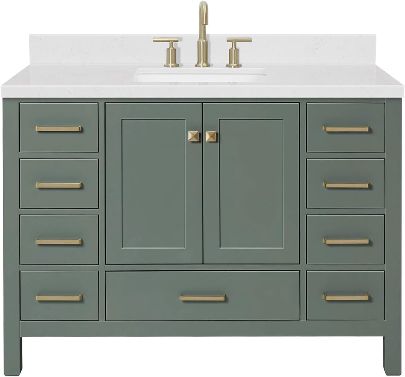 ARIEL Cambridge 48-inch Bathroom Vanity with Sink,Solid Wood, 1.5-inch Carrara White Quartz Countertop, Single Rectangular Porcelain Sink, 2 Soft Closing Doors, 9 Dovetail Drawers, Vintage Green
