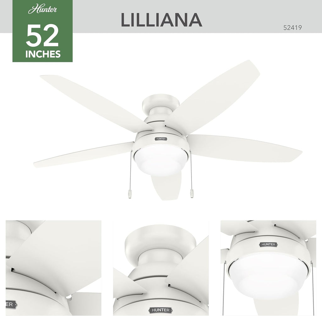 Hunter 52 inch Indoor Ceiling Fan with LED Light - Ceiling Fan with Pull Chain, For Bedroom, Living Room, or Kitchen, Low Profile Mount, No Remote, 5 Blades - Lilliana 52419, Brushed Nickel