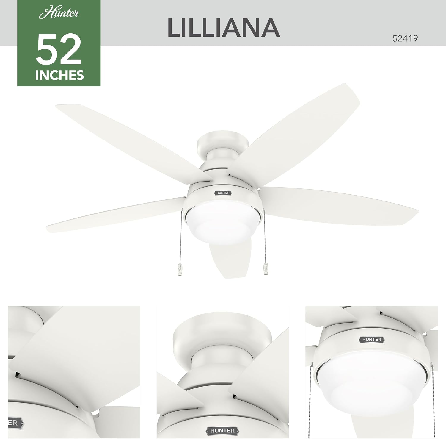 Hunter 52 inch Indoor Ceiling Fan with LED Light - Ceiling Fan with Pull Chain, For Bedroom, Living Room, or Kitchen, Low Profile Mount, No Remote, 5 Blades - Lilliana 52419, Brushed Nickel