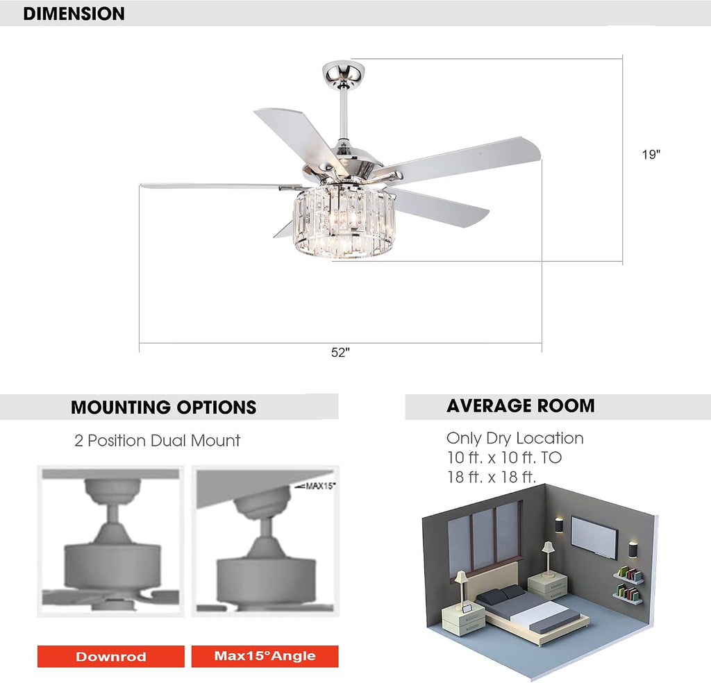 Parrot Uncle Ceiling Fans with Lights and Remote 52 Inch Ceiling Fan with Light for Bedroom Crystal Chandelier Outdoor Ceiling Fans for Patios Covered, Silver