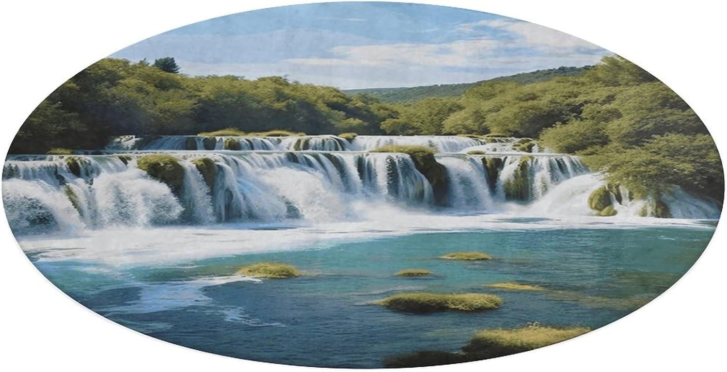 Waterfalls on Krka River Coral Velvet Round Floor Mat Non-Slip Bath Rug Floor Covering for Bathroom Vanity Guest Suite & Vacation Home