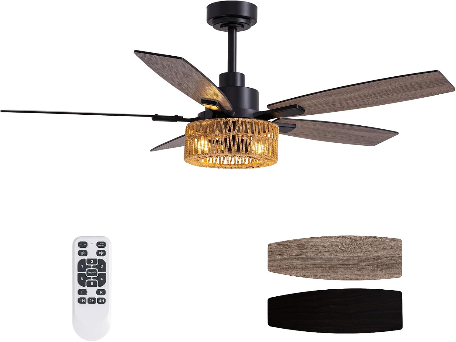 LuminFan 52 Inch Boho Black Rattan Ceiling Fans with Lights and Remote Control, Farmhouse Caged Rattan Ceiling Fan for Dining Room, Bedroom, Living Room and Patio, Indoor/Outdoor