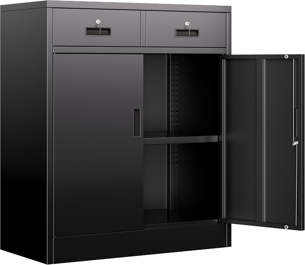 BESFUR Metal Garage Storage Cabinet with Two Lockable Drawers 2 Locking Doors and an Adjustable Shelf, 36' Black Metal Short Storage Cabinet for Home Office,Garage,School,Utility Room