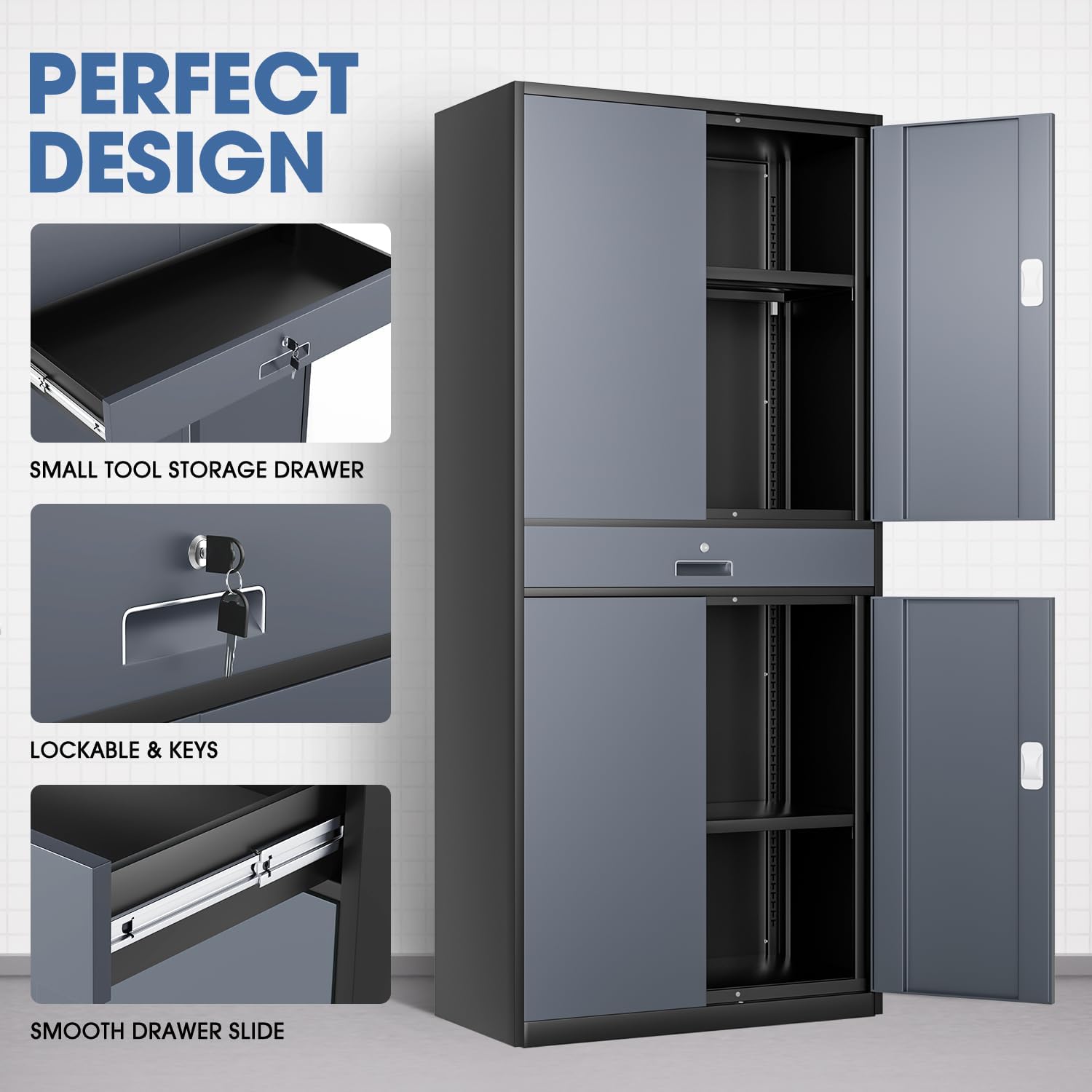 DNA Motoring 71'' Metal Storage Cabinet, Locking Tool Cabinet with 1 Drawer and Adjustable Shelves, Lockable Heavy Duty Metal Locker for Garage,Office,Home,Gym, Gray Black, TOOLS-00629-GY-BK-A