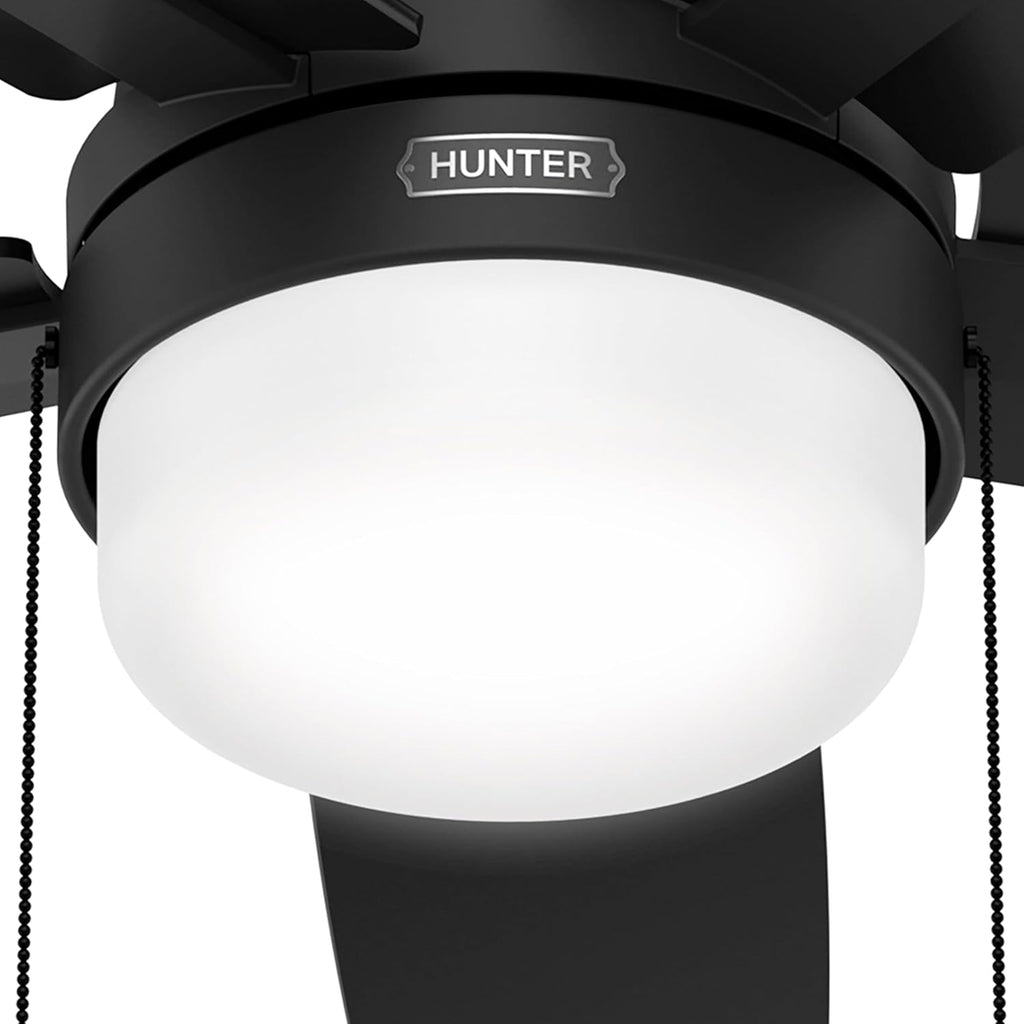 Hunter Fan 52 Inch Matte Black Ceiling Fan with Light and Pull Chain, Low Profile Fan for Bedroom, Living Room, Dining Room, Kitchen, Office (Renewed)