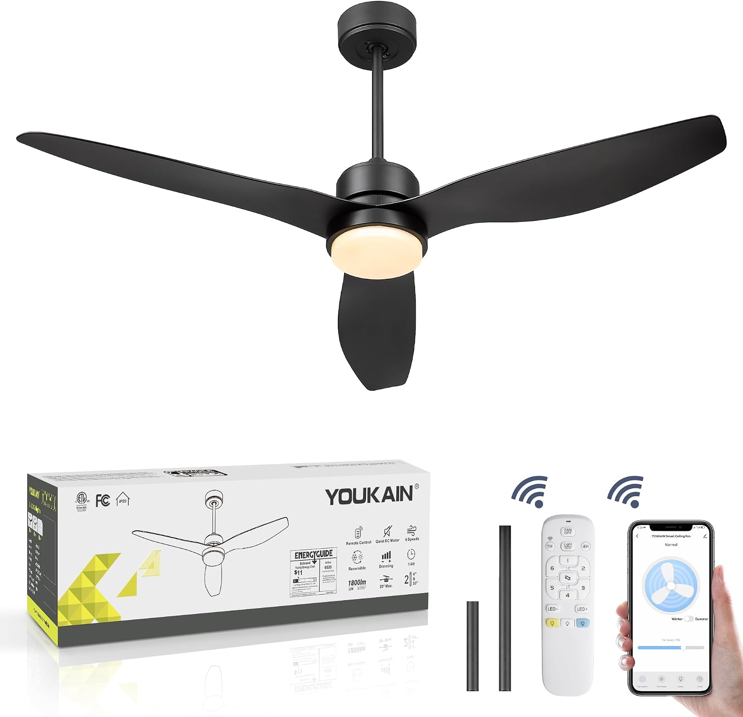 YOUKAIN Ceiling Fans with Lights, 52 Inch Smart Ceiling Fan Remote & APP Control, Reversible Blades, Matte Black, Indoor/Outdoor Modern Ceiling Fans for Living room, Bedroom, 52-YJ359-BK-SM