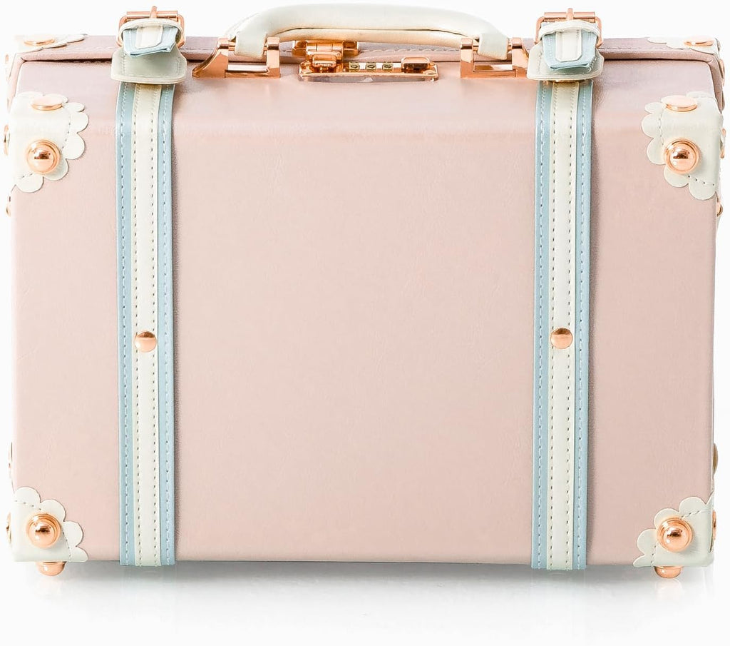 COTRUNKAGE 16' Carry On Suitcase Cute Pu Overnight Vintage Trunk Luggage Bag for Women with Combination Locks, Cherry Pink
