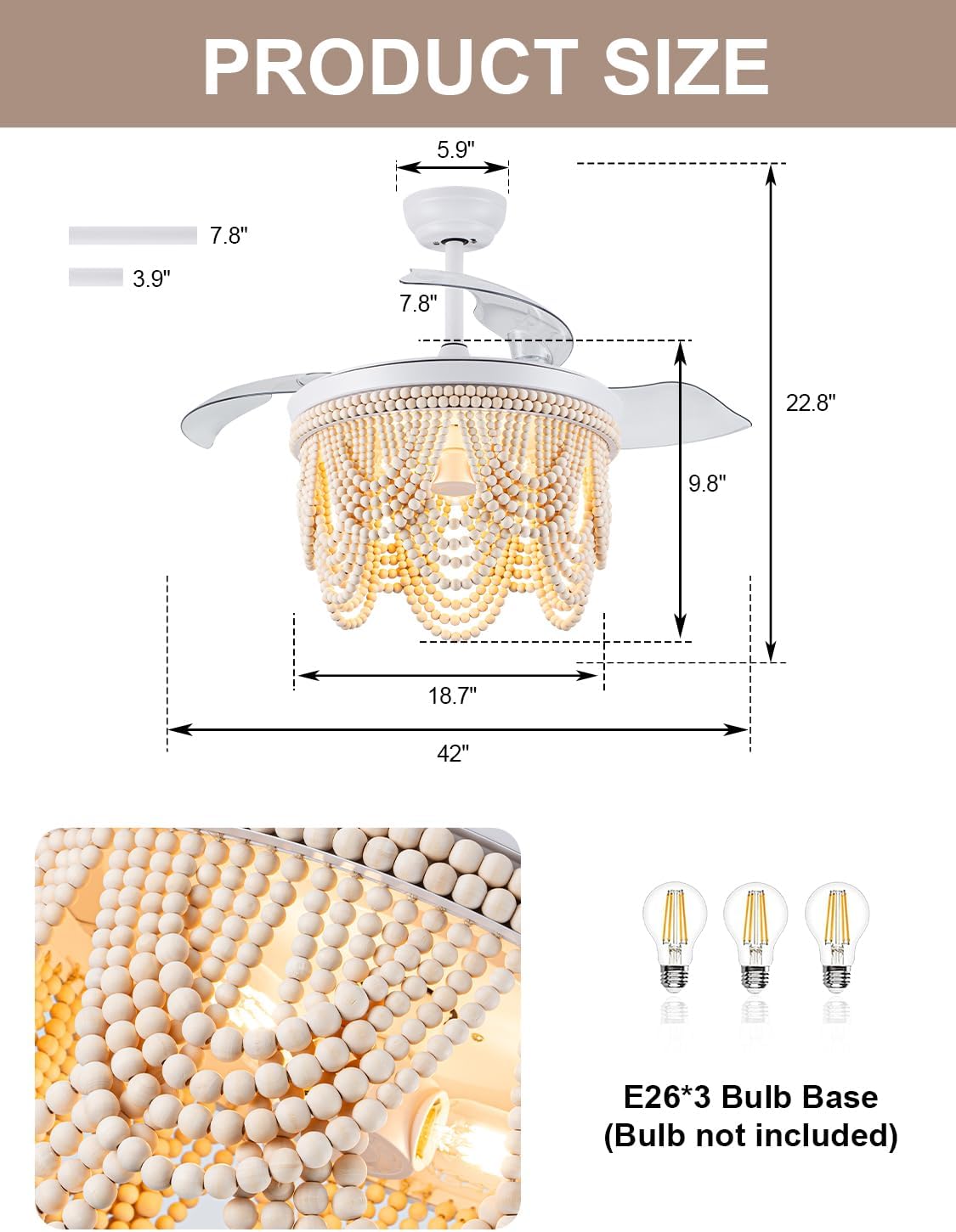 42 Inch Boho Ceiling Fan with Lights Retractable Chandelier Ceiling Fan Wood Beaded Coastal Chandelier for Bedroom Living Room White Fandelier 3 E26 Bulb, 6 Speeds Reversible Quiet DC Motor